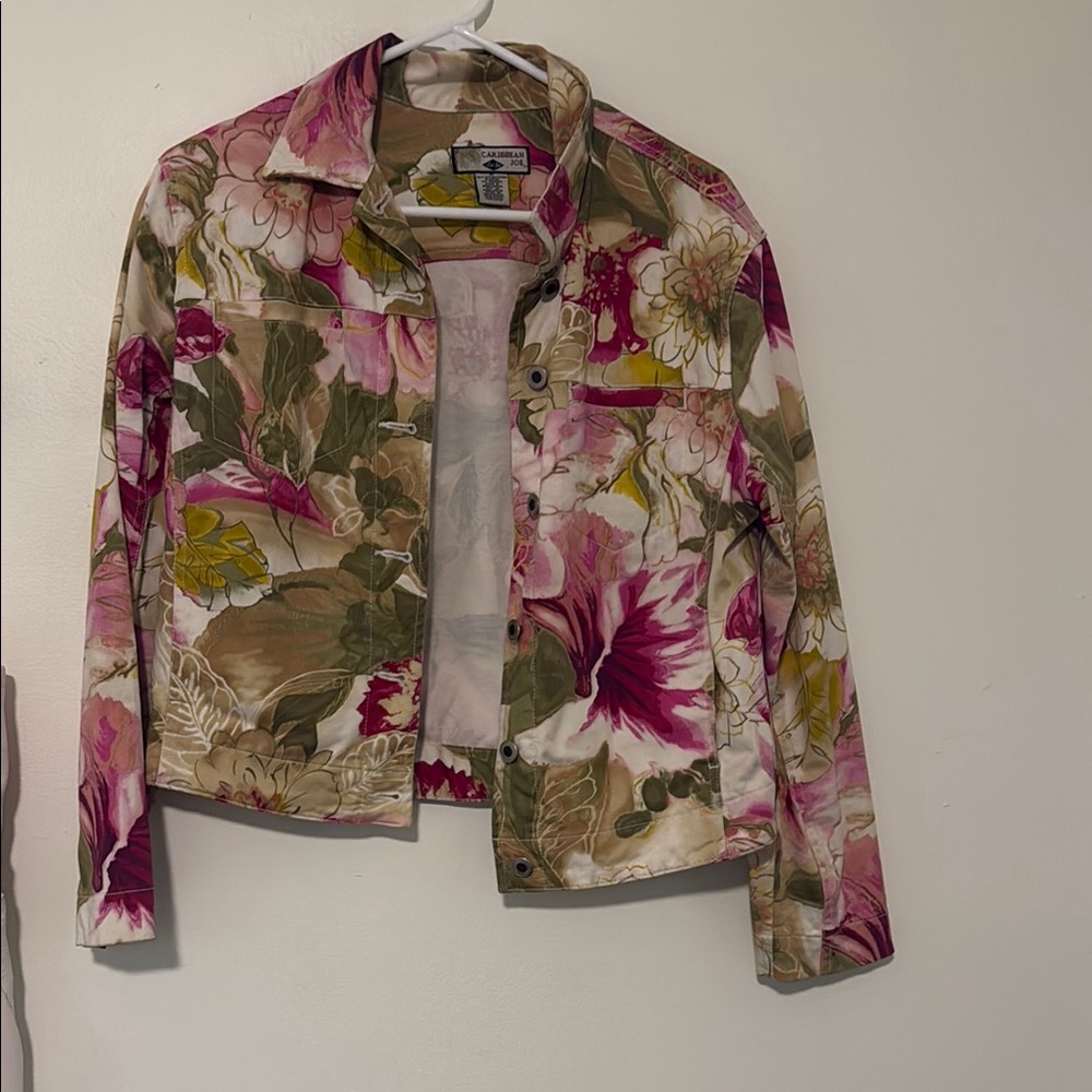 Caribbean Joe Floral Jean Jacket - Pink, Green, Cream